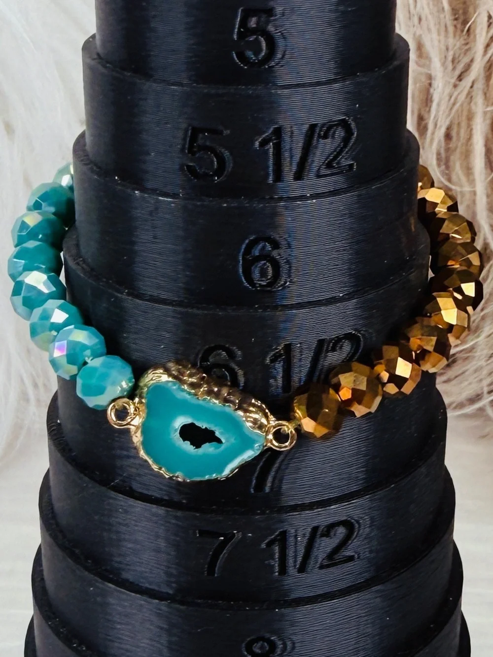 Goldtone Turquoise Blue Green Colored Brown reflective Beaded Stretch Bracelet